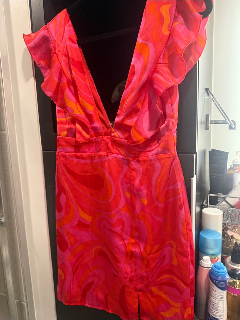 Olivaceous Pink and Orange Swirl V-Neck Ruffle Mini Dress